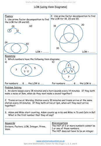 LCM (using Venn Diagrams) Mastery Worksheet | Teaching Resources