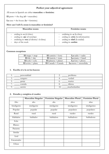 GCSE mastering Spanish adjectival agreement: revision of grammar rules, practice & common adjectives