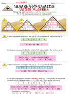 NUMBER PYRAMIDS - USING ALGEBRA - PASCAL's TRIANGLE +ANSWERS and CLIP