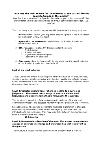 AQA 8145 Elizabeth - 2020 Spanish Armada historic environment essay planning lesson (L7)