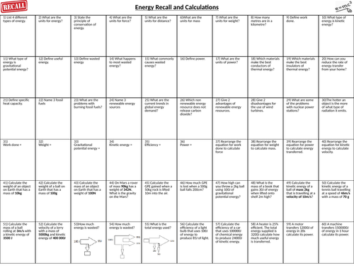 Energy revision essential knowledge recall and calculation questions
