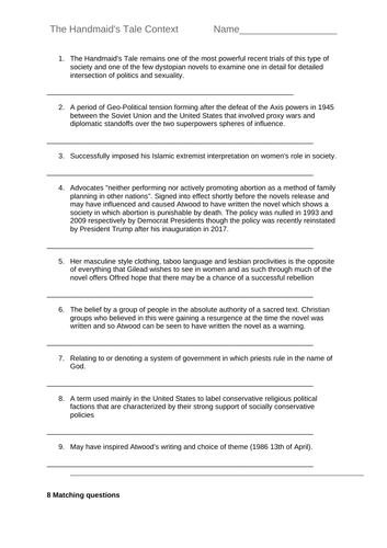 The Handmaid's Tale Context with quiz and answers | Teaching Resources