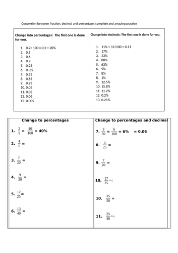 Conversion between fraction decimal and percentage with ANSWERS