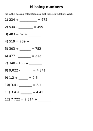 Missing numbers in calculations worksheets | Teaching Resources