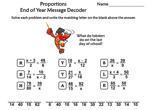 Solving Proportions End of Year Math Activity: Message Decoder ...
