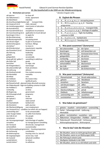 Edexcel A Level Vocabulary Worksheets: Die Wiedervereinigung Deutschlands