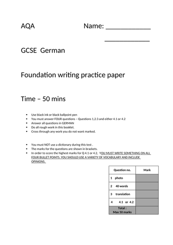 GERMAN AQA GCSE foundation writing paper 4 - a real time saver!!!!