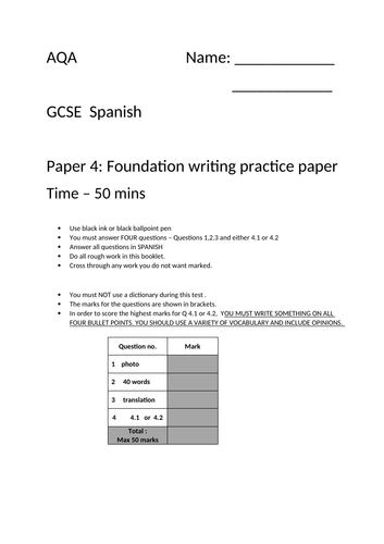 GCSE Spanish AQA - foundation writing paper practice 1 - TIME SAVER
