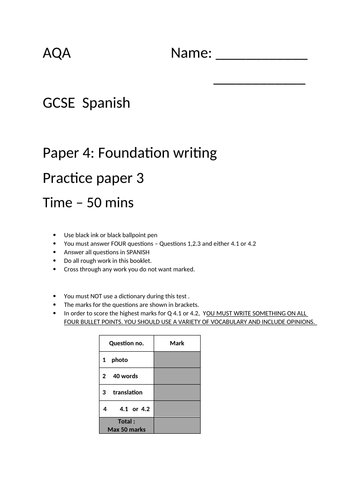 GCSE Spanish AQA  Foundation writing paper 3  - excellent time saver!