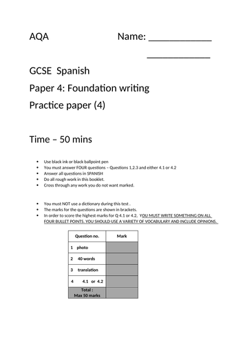 GCSE Spanish AQA  Foundation writing paper 4 - excellent time saver