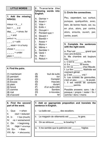 Revision Sheet 1 - Little words