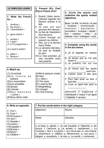 Revision Sheet 3 - Le Temps des loisirs