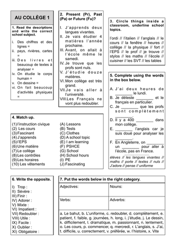 Revision Sheet 8 - Au Collège 1