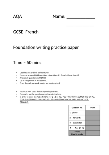 French AQA GCSE foundation writing practice paper 4 - Ready to go. 4 of 4