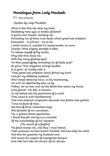 Example Monologue Soliloquy From Lady Macbeth Teacher Written Differentiated Teaching Resources