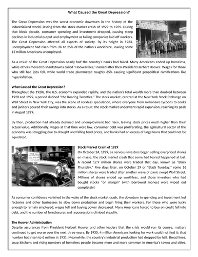 What Caused the Great Depression? - Reading Comprehension Worksheet