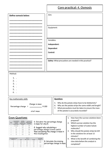 Biology GCSE Edexcel core practical 4 osmosis overview sheet. Revision