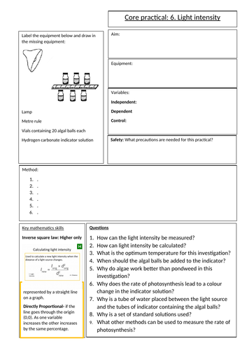 Biology GCSE Edexcel core practical 6 light intensity overview sheet. Revision