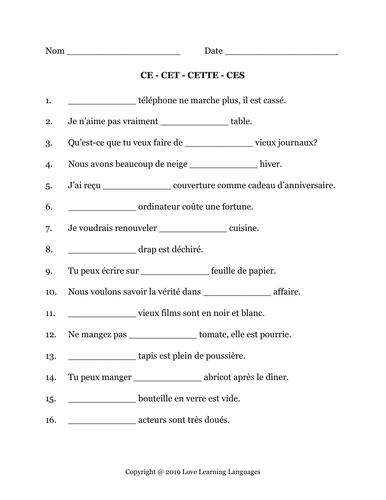 French Demonstrative Adjectives Worksheet Or Quiz Teaching Resources