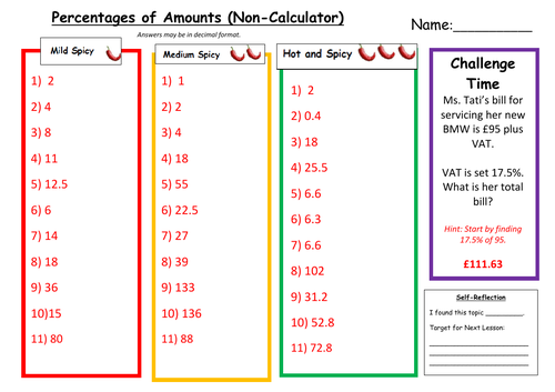 Percentage Of Amounts Differentiated Worksheet With Answers Teaching Resources 