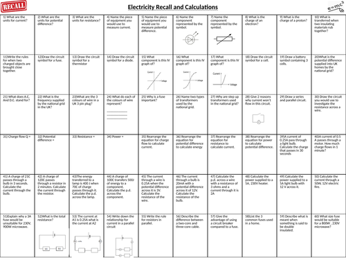Electricity revision essential recall and calculation questions