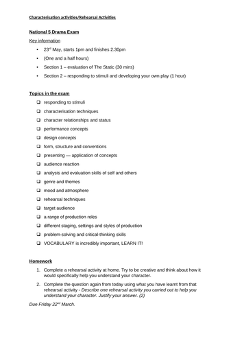 National 5 Drama Rehearsal Activities Revision | Teaching Resources