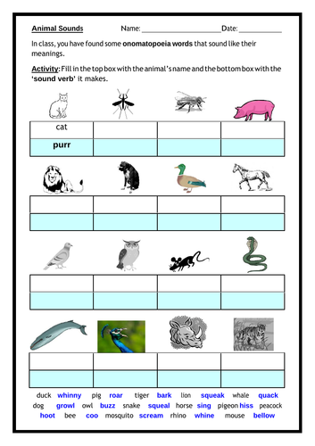 Onomatopoeia Words - Animal Sounds | Teaching Resources