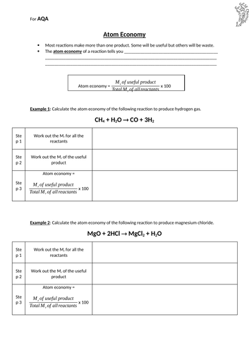 AQA Atom Economy for GCSE Chemistry 9-1 and A level GCE Chemistry ...