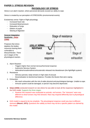Psychology Stress Revision Notes Teaching Resources