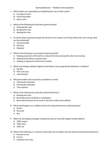 Multiple Choice Questions And Answers For Gcse Pe Edexcel Component 2 Teaching Resources 4356