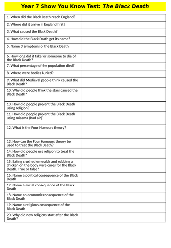 Black Death 20 question quiz