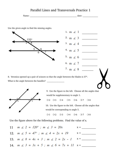 Parallel Lines And Transversals Practice 1 Teaching Resources