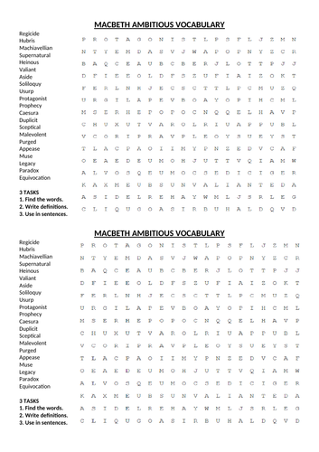 Macbeth ambitious vocabulary wordsearch with answer sheet