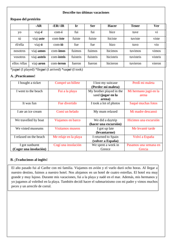 Spanish GCSE las vacaciones: holidays in the past tense (preterite ...