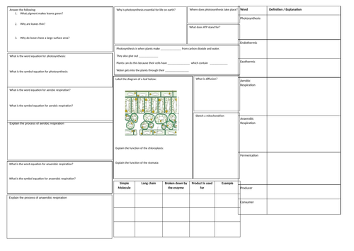 KS4 Photosynthesis & Respiration Revision Mat