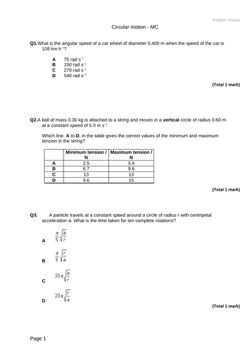 Multichoice practise - Circular Motion - A level physics