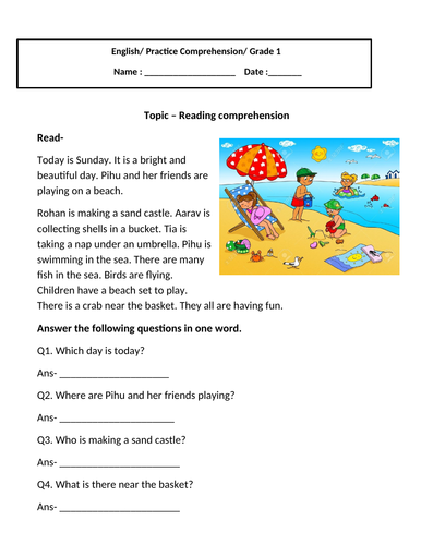 Reading Comprehension for grade 1 | Teaching Resources