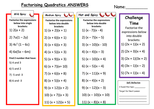 factorising quadratics differentiated worksheet with answers teaching resources