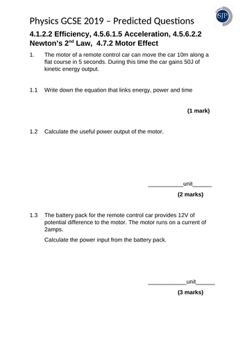 Physics 9-1 2019 Predicted Exam Question Remote Control Car with mark scheme