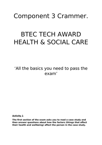 BTEC Tech Award Health and Social Care 'Crammer' Revision Resource Component 3