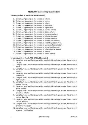 OCR Sociology #SOCCUID Full Question Bank Socialisation, Culture and Identity