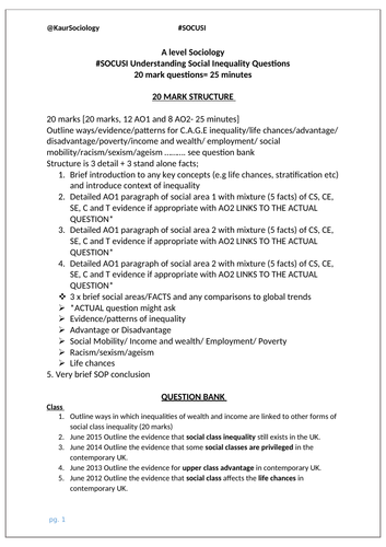 OCR Sociology #SOCUSI 20 MARK CAGE question bank Understanding Social Inequality