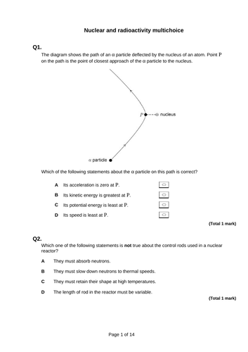 Multichoice Practise - Nuclear physics and radioactivity - AQA A-level Physics