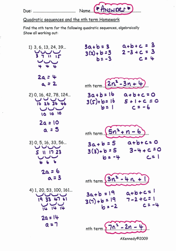 tma quadratic sequences and the nth term homework 1 and