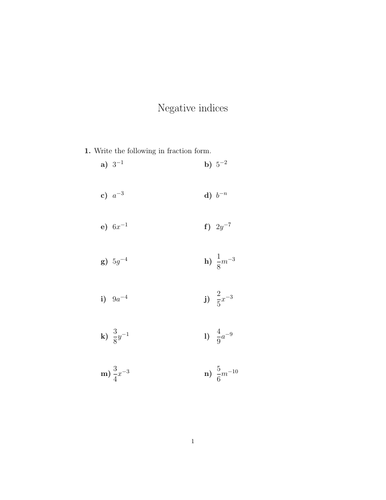 Negative Indices Worksheet No 2 with Solutions Teaching Resources