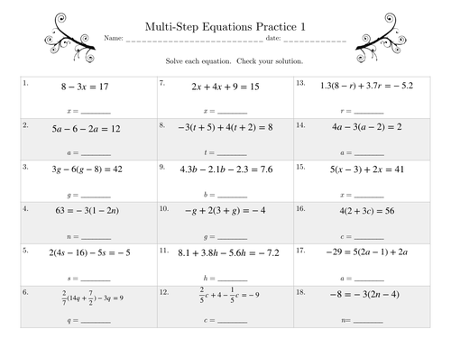 Multi-Step Equations Practice 1 | Teaching Resources