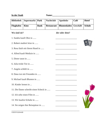 In der Stadt: German Worksheet on Places around Town with Dative (SUB PLAN)