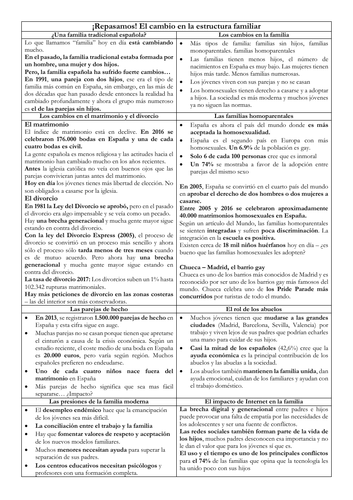 Spanish A Level los cambios en la familia y el matrimonio revision sheet & key cultural references