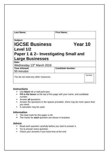 Edexcel IGCSE Business Exam Practice Papers | Teaching Resources