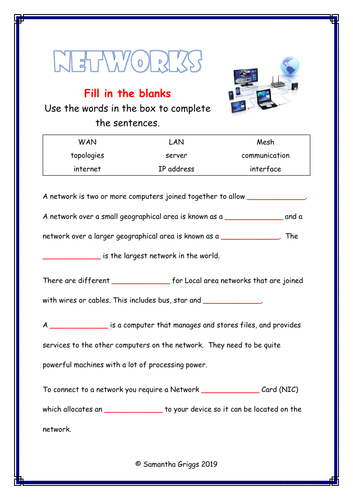 Year 9 Networks Fill in the Blanks | Teaching Resources